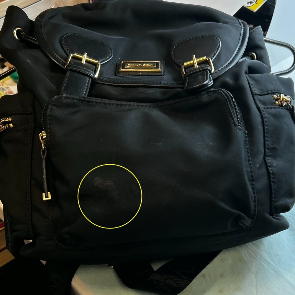 Calvin Klein Black Nylon Backpack Snap Closure Pockets Gold Colored Buckle13x12” - Picture 4 of 4